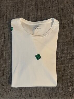 J. Crew White Tee with Green Sequin Clover Collector Tee